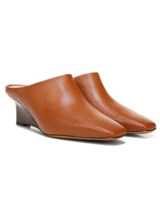 Vince Shoes - Vince Leather Benita Square Toe Slip On Clog Wedge Heel Pumps (Rust Amber)